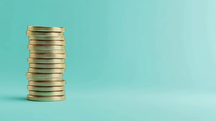 Poster - Gold coins stacked high on a vibrant teal background, symbolizing investment, savings, wealth accumulation, and the potential for financial growth