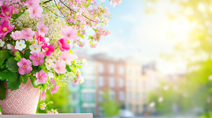 Poster - Vibrant spring flowers blooming in a sunny urban environment by a window sill with colorful buildings in the background
