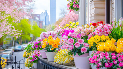 Poster - Colorful spring flowers bloom along the city street with a skyline backdrop during a sunny day