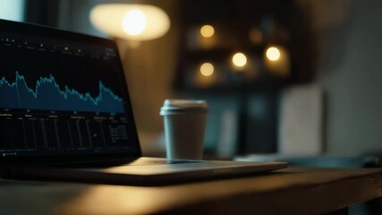 Poster - Declining financial chart displayed on laptop screen with coffee cup on desk, suggesting investment risk and market volatility in finance and trading