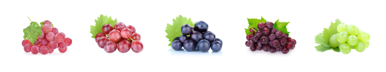 Wall Mural - Fresh Ripe red green purple grape fruit, isolated White background, bulk set group row asset.