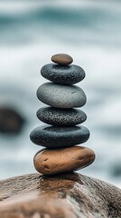 Poster - Balanced stones stacked against blurred ocean background for mindfulness : Generative AI