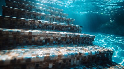Poster - Mosaic Tiled Pool Steps with Underwater Sunlight and Shadows : Generative AI