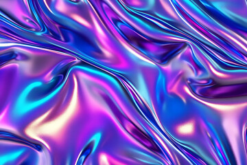 Poster - 3d render Metallic liquid background. Abstract neon texture. Rainbow 3d holographic foil. Wavy glossy surface in blue and purple colors Background