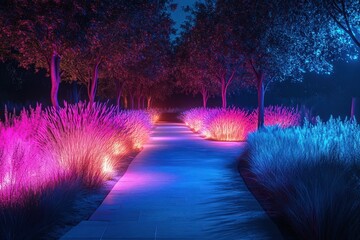 Canvas Print - Nighttime Pathway Illuminated with Pink and Blue Lights