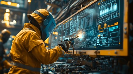 Aufkleber - Industrial Worker in Protective Gear with Advanced Technology and Robotic Welding : Generative AI