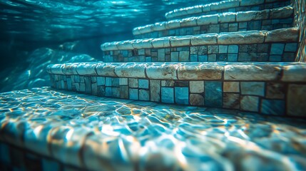 Leinwandbilder - Serene Underwater Pool Steps with Sunlit Mosaic Tiles Creating a Calming Aquatic Ambiance : Generative AI