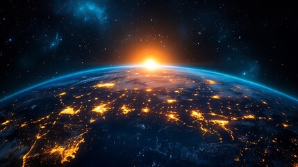 Poster - Awe-Inspiring Sunset Over Earth with Illuminated City Lights from Space : Generative AI