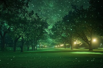 Wall Mural - Nighttime Park Scene Illuminated Trees And Stars