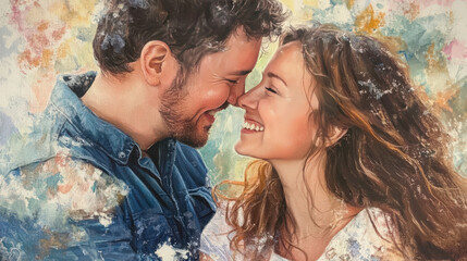 Joyful couple sharing a tender moment with warm smiles and a colorful background representing love and affection in a vibrant setting