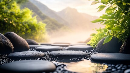 Poster - Zen Garden with Smooth River Stones and Lush Greenery at Tranquil Dawn : Generative AI