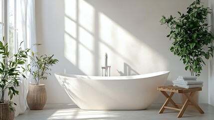 Canvas Print - Sunlit Modern Bathroom with Freestanding Tub and Lush Greenery : Generative AI