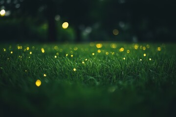 Wall Mural - Glowing Fireflies Illuminate Lush Green Grass at Night