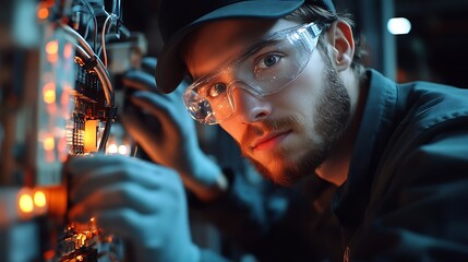 Aufkleber - Focused Electrician Wearing Protective Gear Inspecting Electrical Components for Safe Installation and Repair : Generative AI