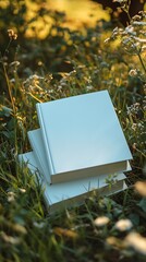 Poster - Stack of White Hardcover Books in Vibrant Outdoor Meadow Scene : Generative AI