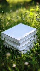 Poster - Stack of Blank Hardcover Books on Grass Capturing Rustic Vibe for Designers and Creatives : Generative AI