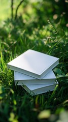 Poster - Serene Stack of Blank Books in Lush Green Grass Perfect for Nature Themes : Generative AI