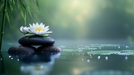 Poster - Peaceful Water Lily and Zen Stones with Dewdrops in a Misty Green Oasis : Generative AI