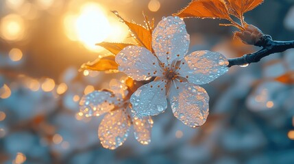 Wall Mural - Dew-kissed blossoms at sunrise, orchard background, spring