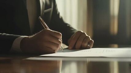 Poster - Close up of businessmans hands signing a contract on a wooden table in a sunlit office, dressed in a suit and holding a pen, emphasizing professionalism and attention to detail