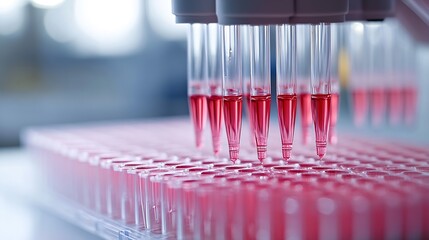 Fototapete - Automated pipetting tool dispensing red liquids into multiple test tubes : Generative AI