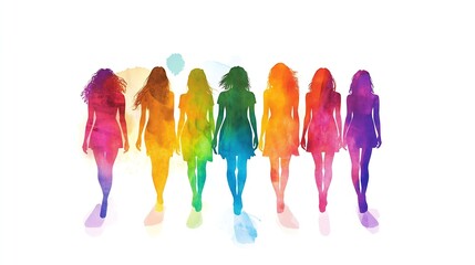 Poster - Colorful Silhouette of Diverse Women Hand in Hand Celebrating Unity with Watercolor Effect : Generative AI