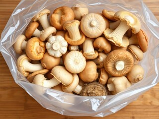 Wall Mural - Clear plastic bag containing various types of fresh mushrooms, organic produce, diversity