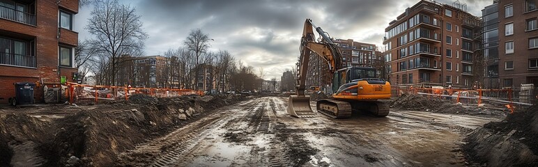 Poster - Urban Construction Site with Heavy Machinery Excavator Infrastructure Development : Generative AI