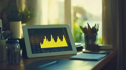 Aufkleber - Digital tablet displaying ascending stock market data on a wooden desk in a home office, surrounded by a notepad, pen, and colored pencils, illustrating financial analysis