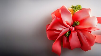 Wall Mural - Elegant coral ribbon bow softly glows subtle light background. AI Generated