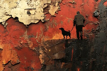 Poster - Abstract urban art of man and dog silhouette on textured red and black wall : Generative AI