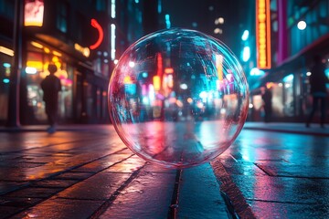 Poster - Transparent Bubble on Vibrant City Street at Night with Neon Lights : Generative AI