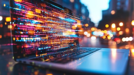 Poster - Vibrant digital data streams flowing from an open laptop on a busy city street at dusk
