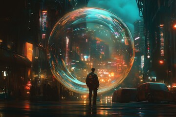 Poster - Mysterious Wanderer and Enormous Bubble in Cyberpunk Cityscape at Night : Generative AI