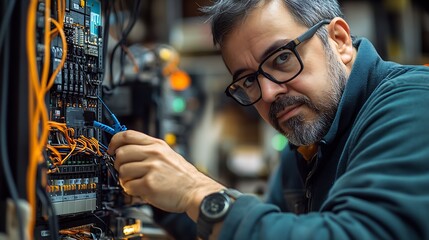 Aufkleber - Mature Engineer Technician Examining Electrical Systems for Precise Installation and Maintenance in Industrial Setting : Generative AI