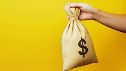 Poster - Hand holds a money bag with a dollar sign printed on it, symbolizing wealth, investment, and financial success against a vibrant yellow backdrop