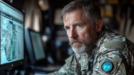 Poster - Veteran working diligently at a quiet office cubicle with dual computer screens