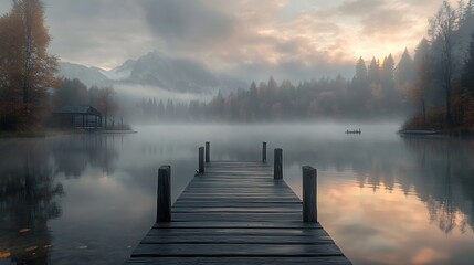 Poster - Enigmatic Foggy Lake with Autumn Trees and Misty Mountain Surroundings : Generative AI