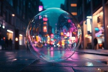 Aufkleber - Vibrant Cityscape Reflected in Crystal Clear Glass Orb on Urban Street at Night : Generative AI