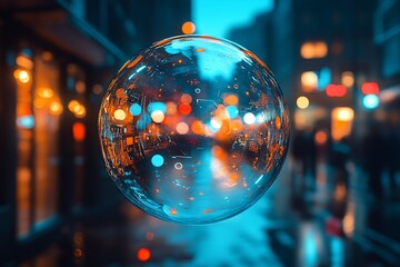 Poster - Futuristic Urban Reflection in Illuminated City Bubble at Dusk : Generative AI