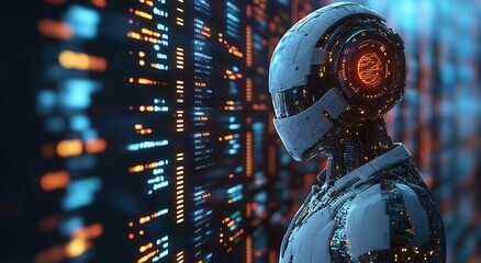Poster - Cybernetic Robot Analyzing Data Streams in High-Tech Digital Interface : Generative AI