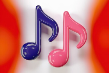 Poster - Two glossy 3D music notes, one pink and one blue, against a blurred red and white background.