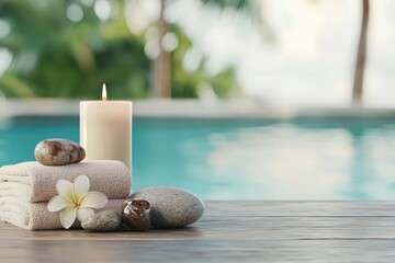 A modern spa setting with a candle, stones, and a towel on a table