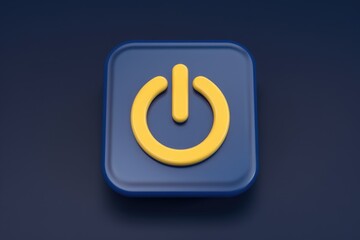 Poster - A 3D rendered yellow power button icon on a dark blue square background.