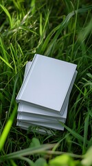 Poster - White books stacked in vibrant grassy landscape capturing the essence of serene nature : Generative AI