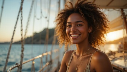 Wall Mural - A vibrant woman smiles broadly, her curly hair dancing in the evening breeze. Sunlight reflects off the water as she enjoys a blissful moment sailing, surrounded by nature's beauty