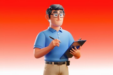 Poster - A friendly 3D cartoon man in a blue polo shirt holds a clipboard and pen, appearing helpful and ready to assist.