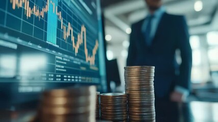 Aufkleber - Stacks of coins increasing in value symbolize successful cryptocurrency investment strategies, being analyzed by a stock market trader monitoring charts on a computer screen