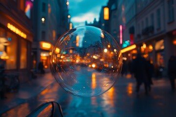 Poster - Vibrant Street Scene Bubble Reflection in Evening Urban Environment : Generative AI