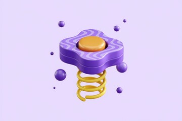 Poster - A 3D render of a purple and yellow spring toy with small balls around it.